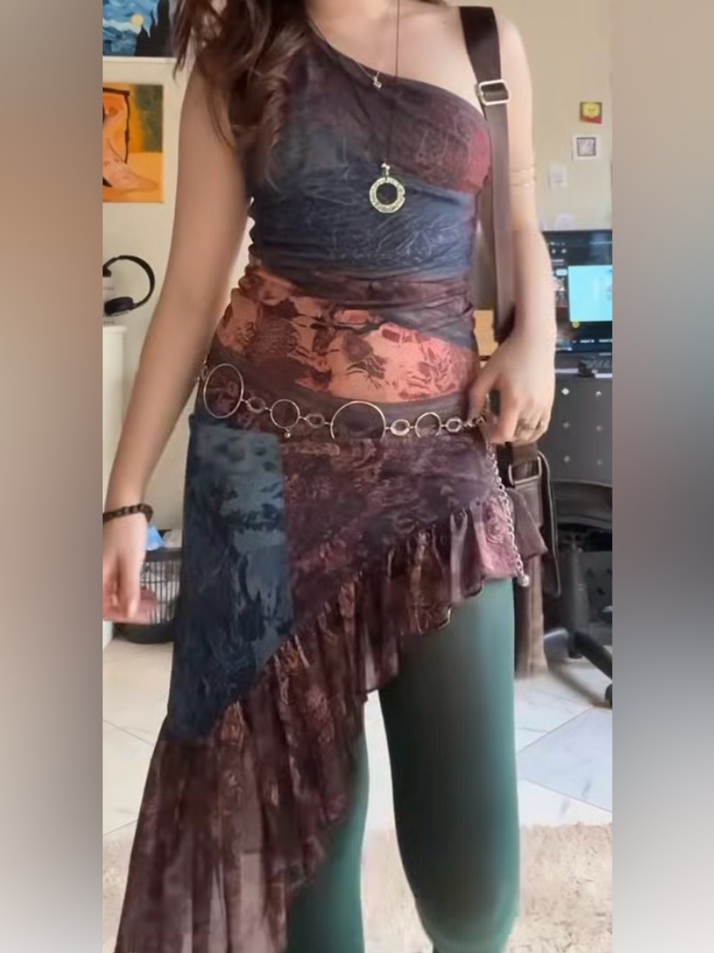 Bohemian Asymmetric one Sleeve Patchwork Dress in Burgundy & Teal M